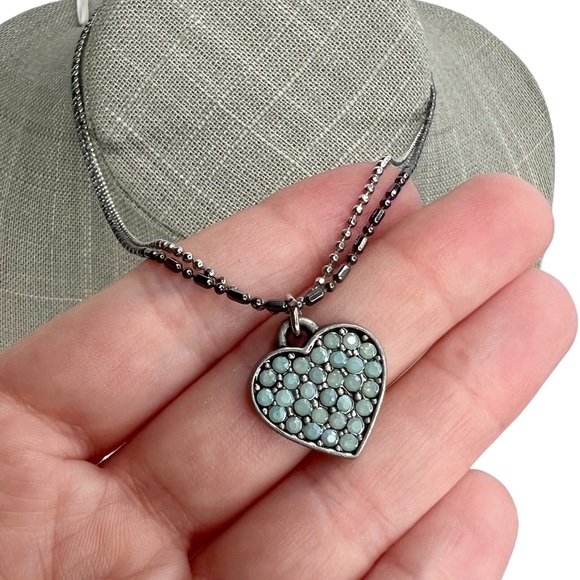 American Eagle Simulated Aqua Stone Heart Double Chain Necklace
